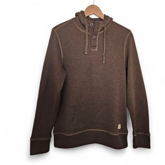 GH Bass & Co Mens Brown Henley Hooded Sweater Elbow Patches Y2K Size S - Picture 1 of 13